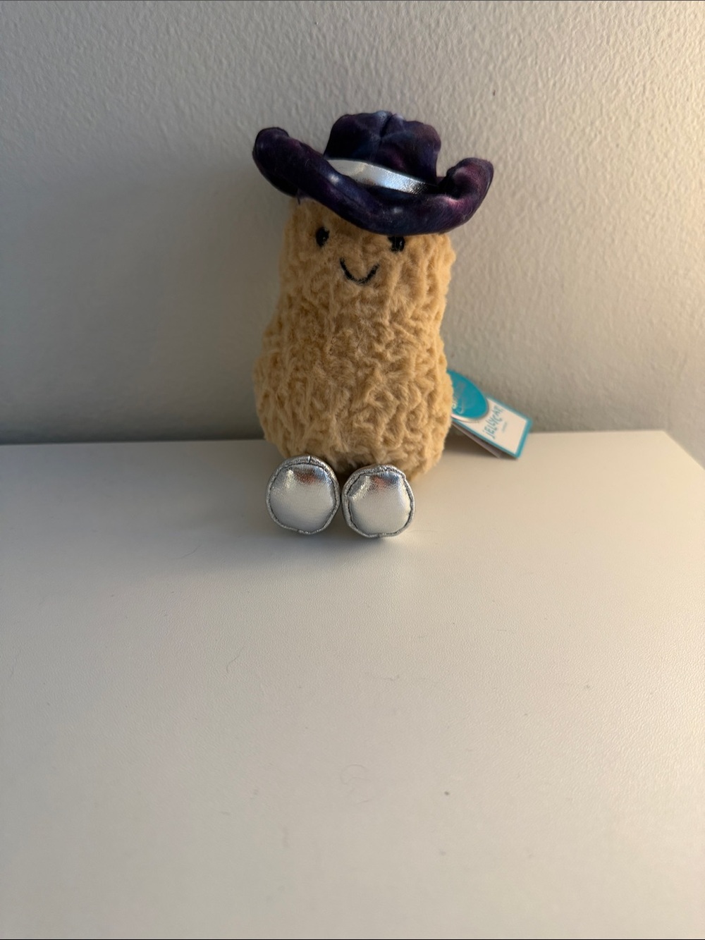 Jellycat Tan Peanut Plush with Purple Hat and Silver Boots